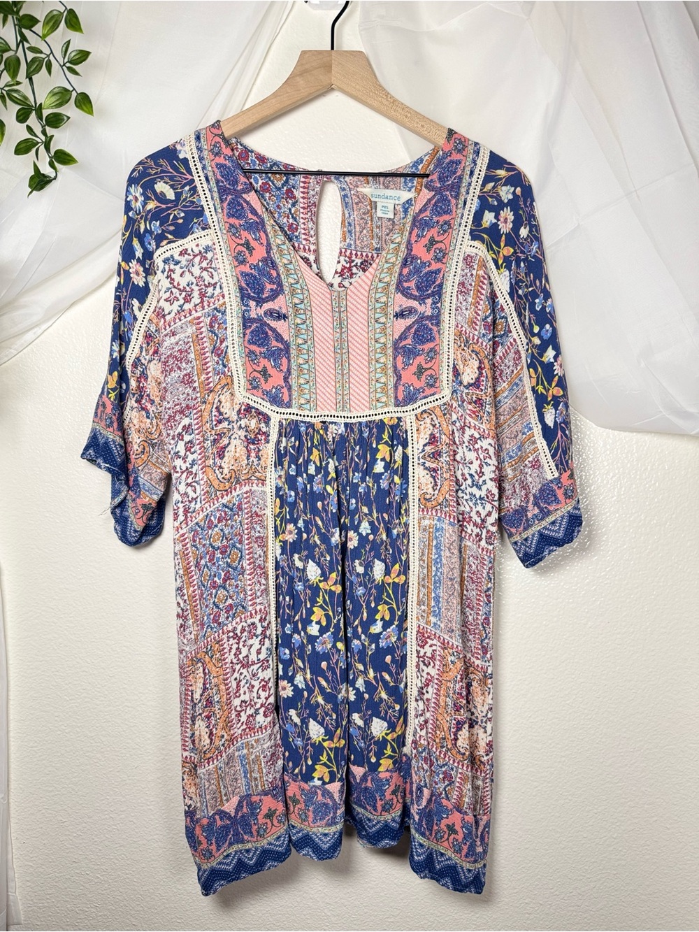 Sundance Women's Boho Patchwork Floral Print Dolman Sleeve Mini Dress